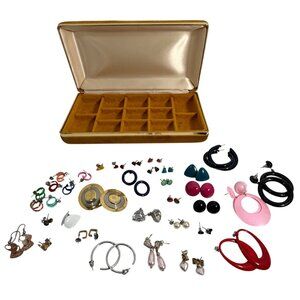 MCM Gold Velvet Ivory Satin Lining Jewelry Box w/ 36 Earrings Pairs from 1980s
